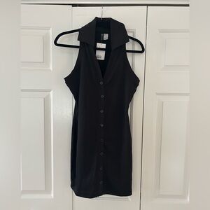 Black Button Front Ribbed Fitted Dress with Collar NWT